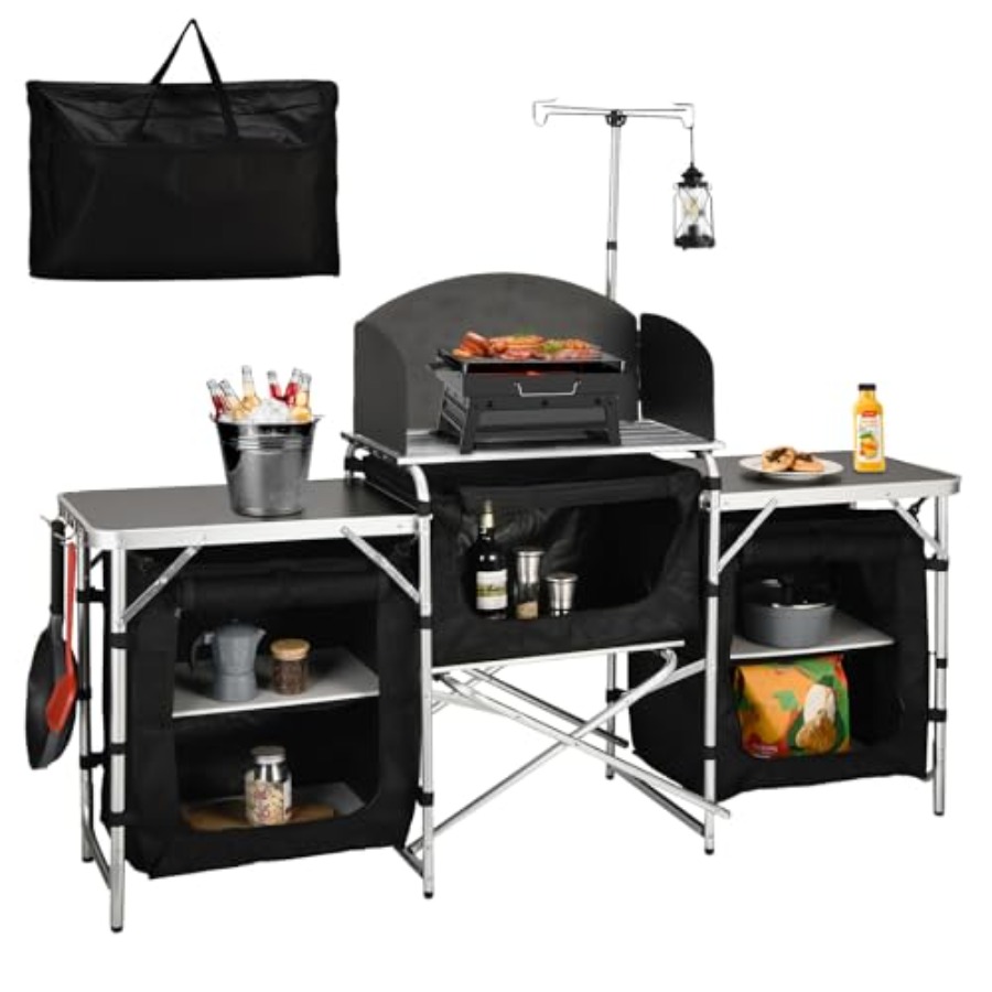 Camping Cooking Table With Windshield - Camping-Küchentisch, Aluminium-Klapp-Camping-Kochstation mit Windschutz, Verbesserter Lichtständer,