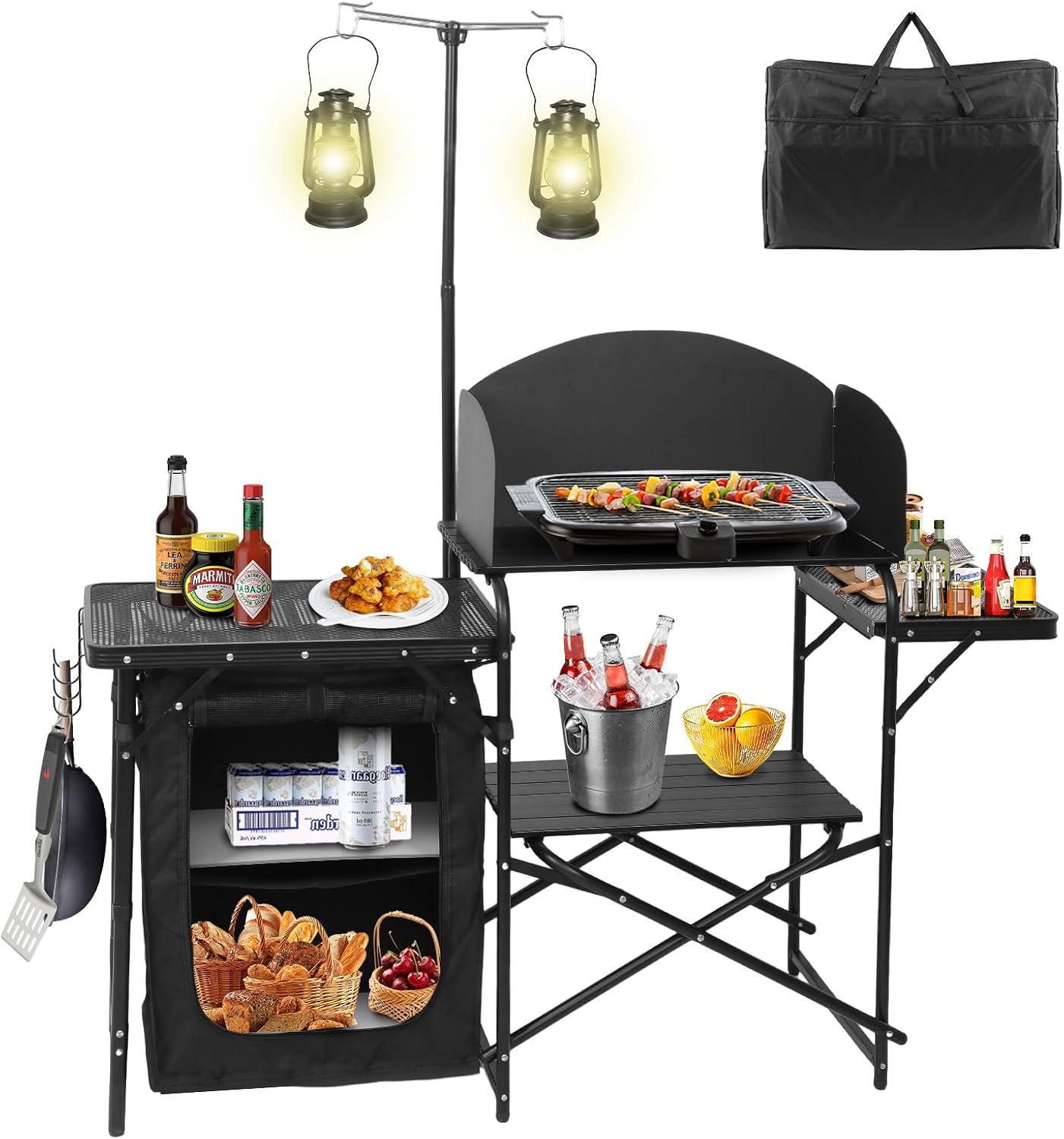 Camping Cooking Table With Windshield - Tragbare, faltbare Camping-Küchenstation mit Lichtständer und